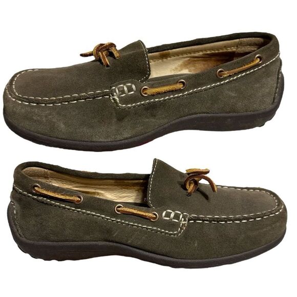 Lands End Women Sz 6 Flats Loafers Brown Suede Leather Bow Slip On Driving Shoes - Picture 1 of 10